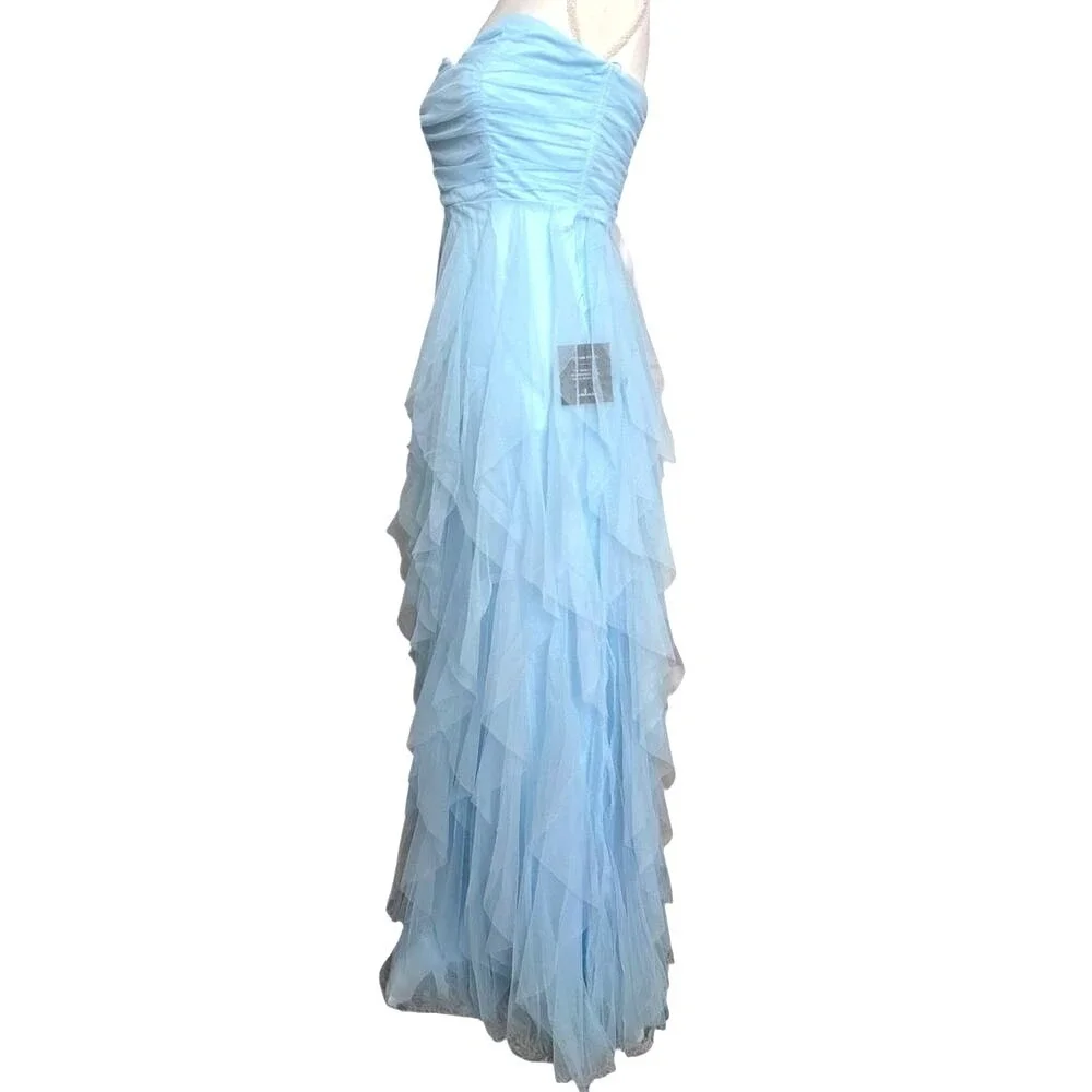 LULUS Blue Strapless Tulle Tiered Maxi Dress‎ Formal Prom S NWT - Picture 4 of 9